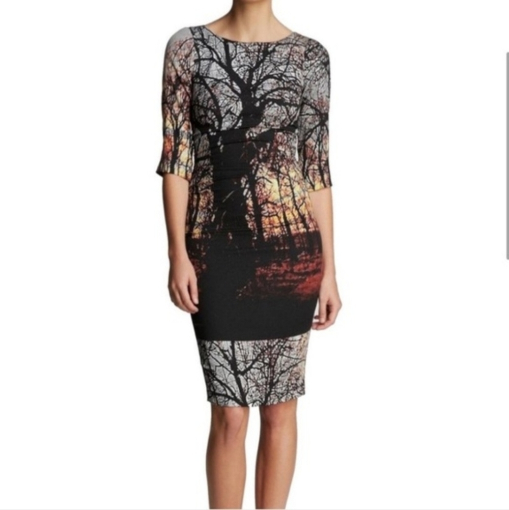 Tracy Reese Winter Landscape Print Silk Ruched Sheath Dress 6